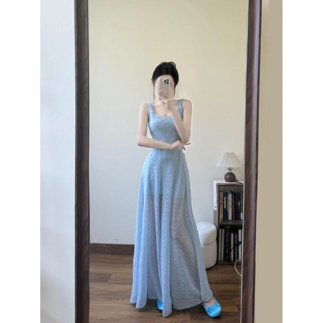 小众设计感复古法式显瘦气质长款吊带裙礼服，女夏高腰收腰立领短