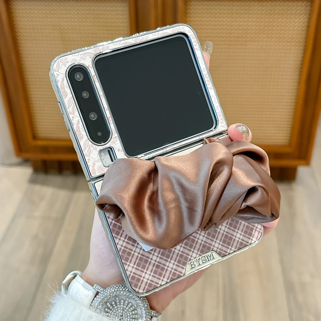 适用华为purax手机壳电镀小羊皮格子丝巾腕带pocket2折叠女保护套