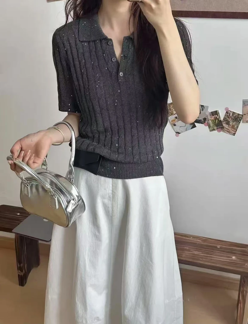 2160 针织麻花亮片韩版短袖