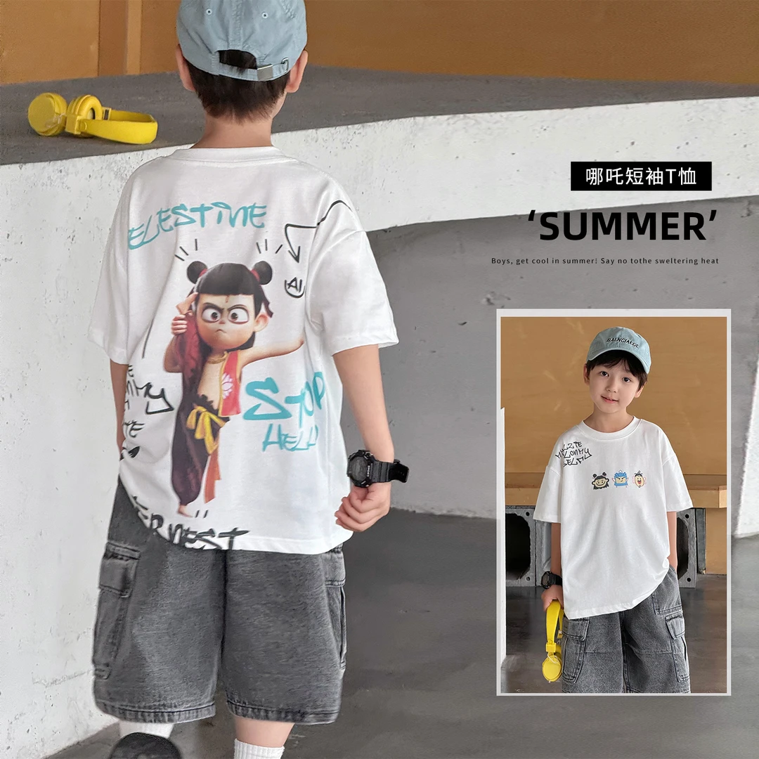 【现】AX5170棉小班儿童数码哪吒短袖T恤休闲夏季半袖男孩印花上衣