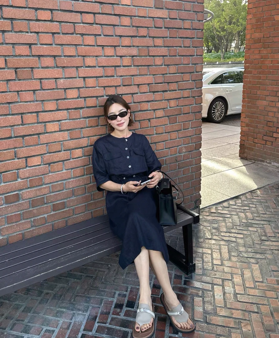 裙子女2025年夏季新款慵懒随性透气口袋高腰抽绳连衣裙2069