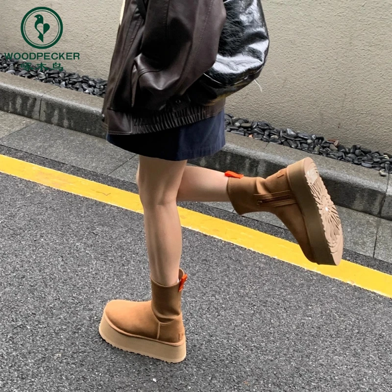 啄木鸟厚底增高雪地靴女迪普靴皮毛一体加绒加厚棉鞋中筒弹力靴