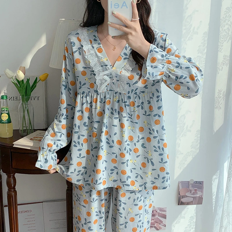 女士绵绸睡衣 新款甜美风家居服舒适透气长袖长裤棉绸薄款睡衣女