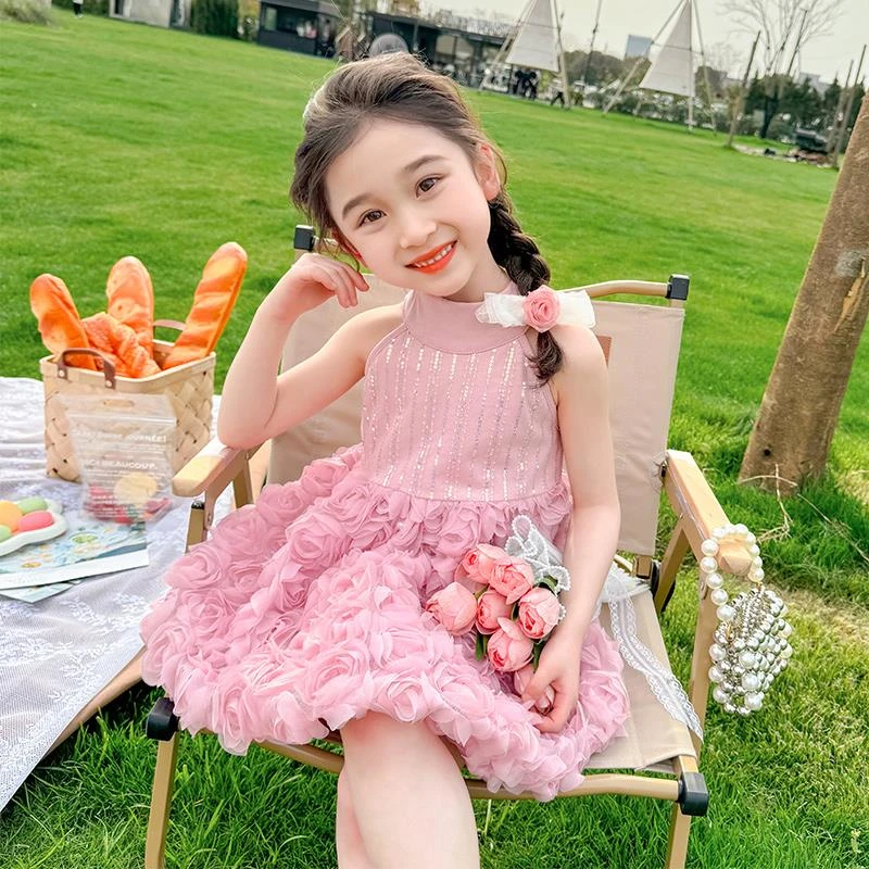 女童盘花夏季款2025新款儿童演出服洋气公主裙子小女孩夏装连衣裙