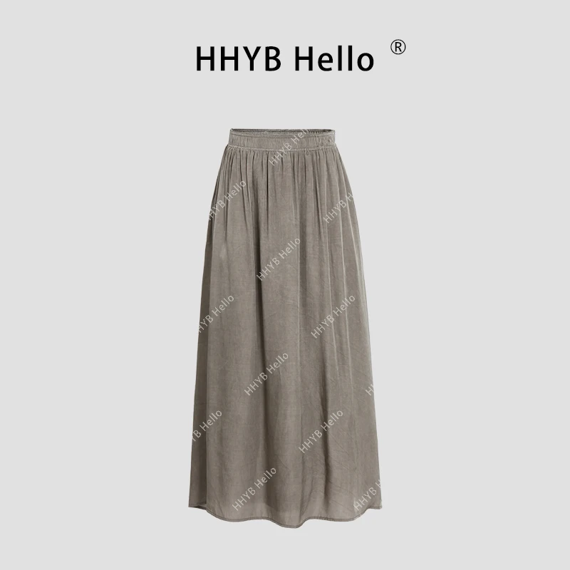 HHYB Hello2025新款显瘦简约松紧腰肌理感灰绿色半身裙女Q254083