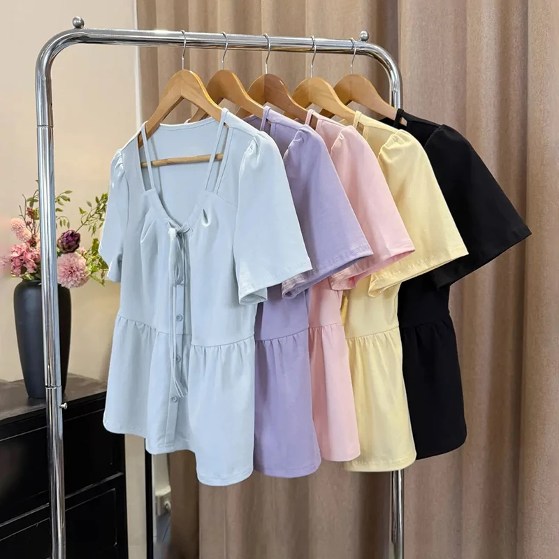 【6726桃】大码女装胖mm遮肚显瘦温柔正肩短袖夏季假两件系带上衣