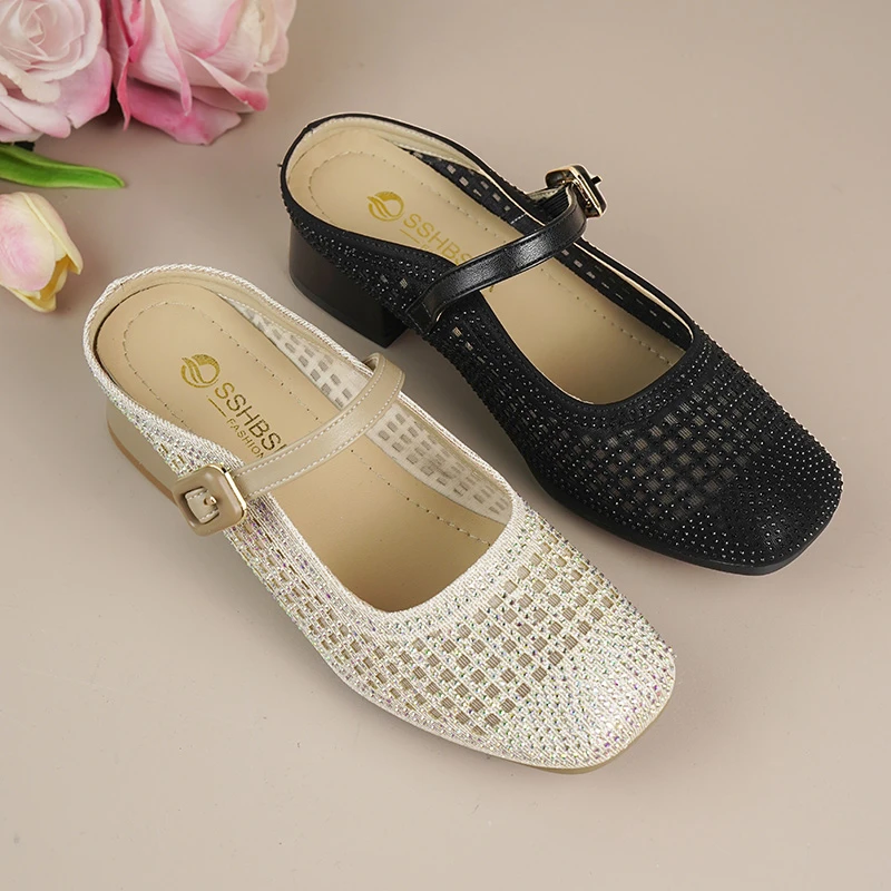 真皮牛皮夏季新款凉鞋粗跟镂空水钻方头女鞋透气百搭百搭小众鞋子