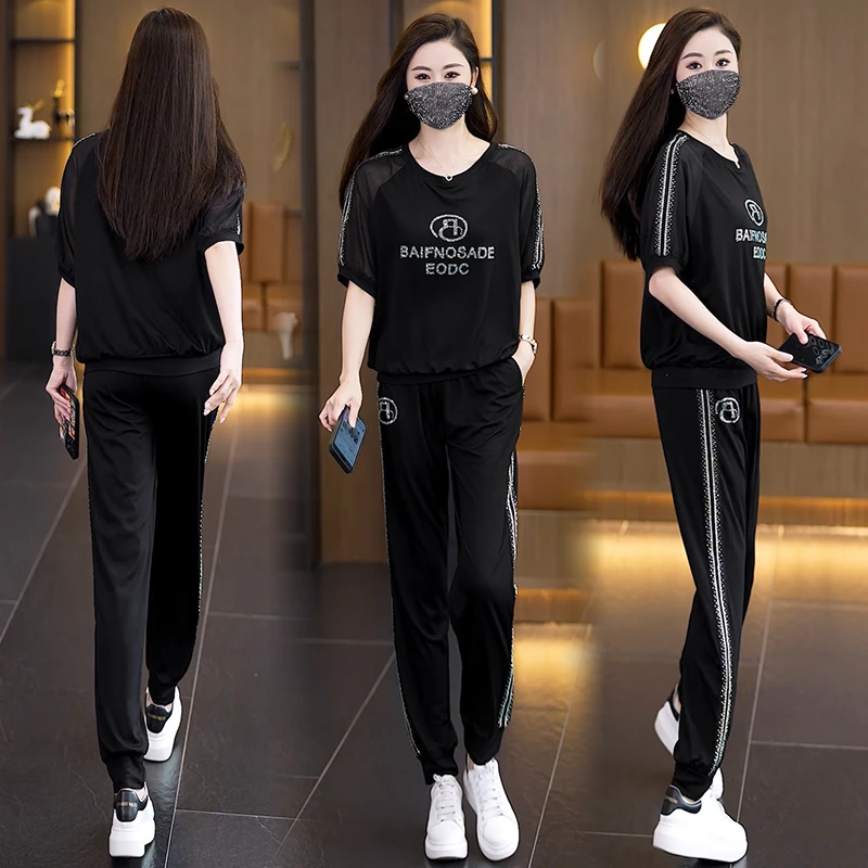 NSY 休闲时尚潮流套装2025夏新款大码女装字母镶钻短袖套装两件套