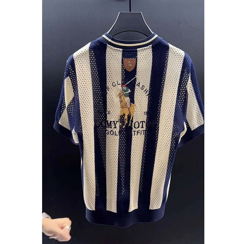 欧货轻奢高定休闲男装上衣2025夏季新款大牌刺绣透气条纹短袖T恤