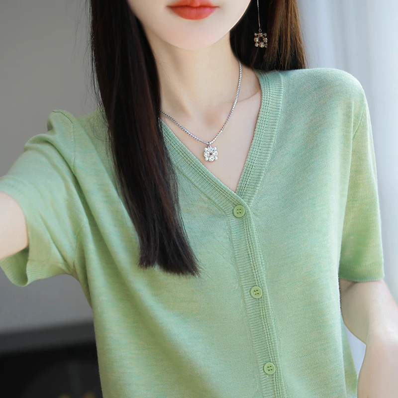天丝针织外套开衫短袖女T恤2025夏季新款V领时尚气质外搭薄款上衣