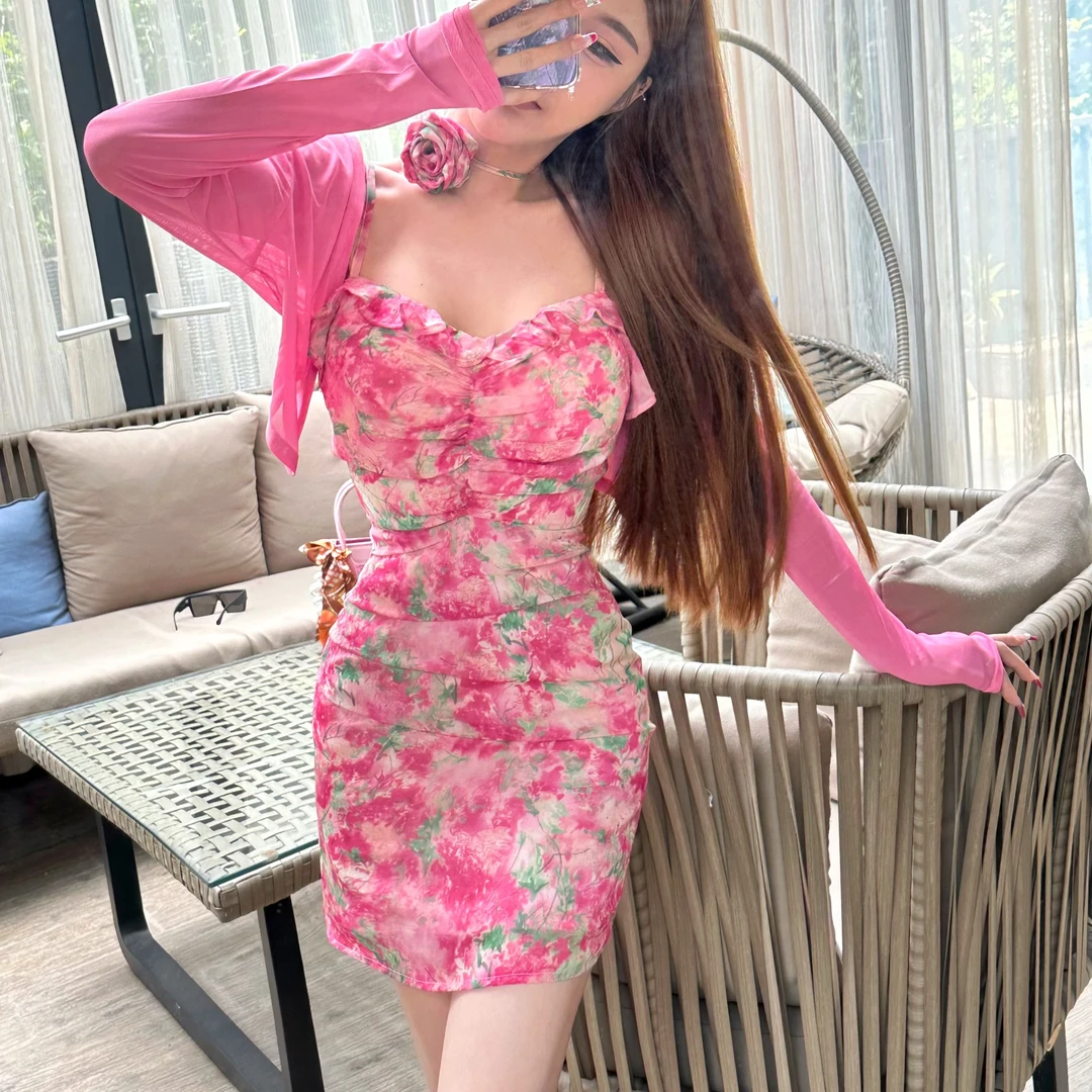 鱼子定制「海港来信」时尚修身印花吊带荷边开叉显瘦连衣裙Q0448