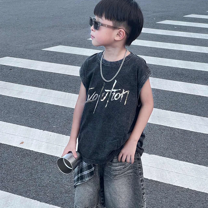 Evolution反光字母印花T恤男童帅气无袖背心水洗纯棉儿童夏装坎肩