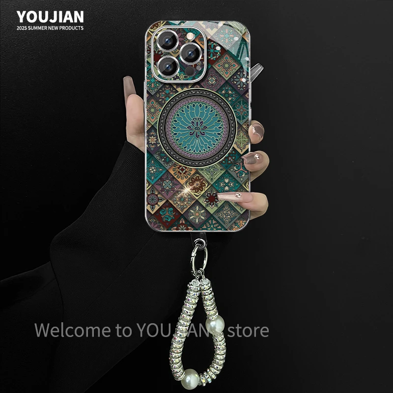 适用苹果/oppo/华为/vivo/小米蓝莲花图腾彩绘护镜电镀玻璃手机壳