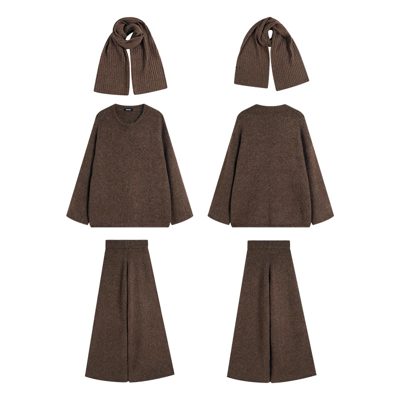 小雨同款【130】软糯保暖羊毛针织裙套装慵懒风围巾领阔腿裤三件套