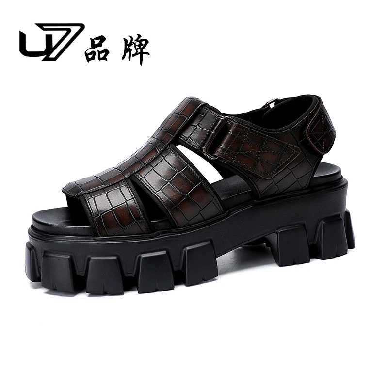 U7品牌男鞋 头层牛皮 2025夏季时尚百搭镂空男鞋潮流厚底沙滩鞋