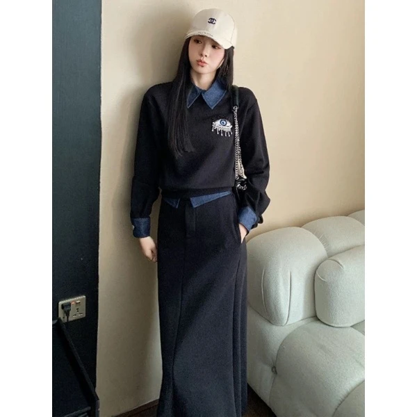 今年流行漂亮套装裙2025春季新款欧货爆款假两件卫衣半身裙两件套