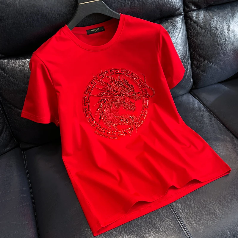 利尼科比利蛇年本命年红色短袖T恤男士国风刺绣龙头冰丝光棉男装