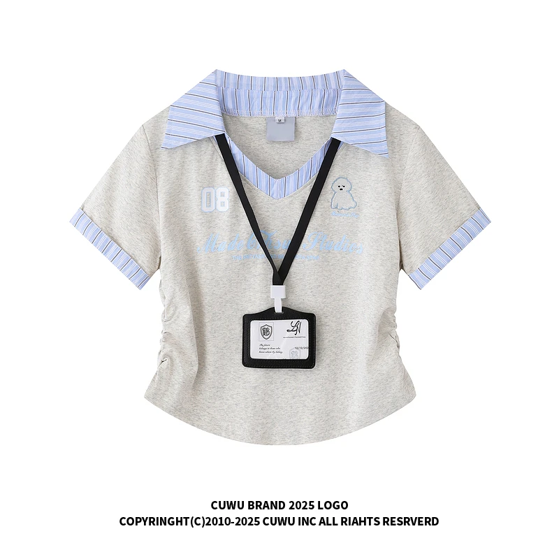 cuwu美式复古假两件V领短袖t恤女夏季掐腰设计感显瘦修身短款上衣