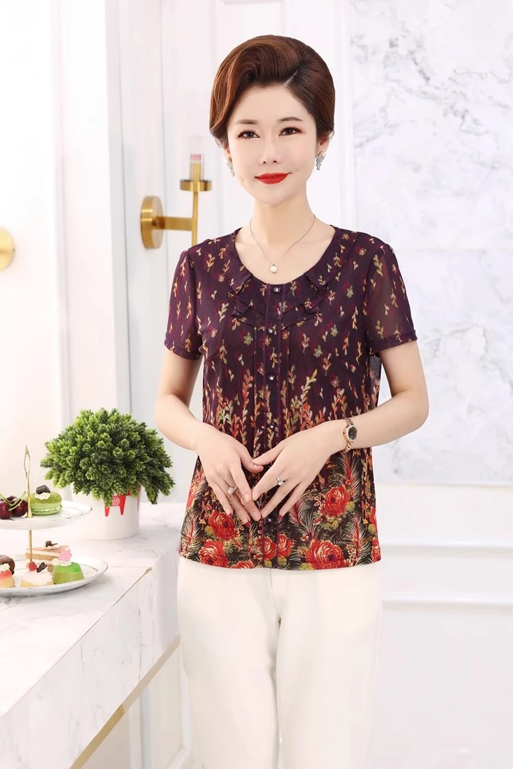 中年夏季妈妈夏装短袖洋气时尚修身上衣台湾网纱T恤小衫妈妈装