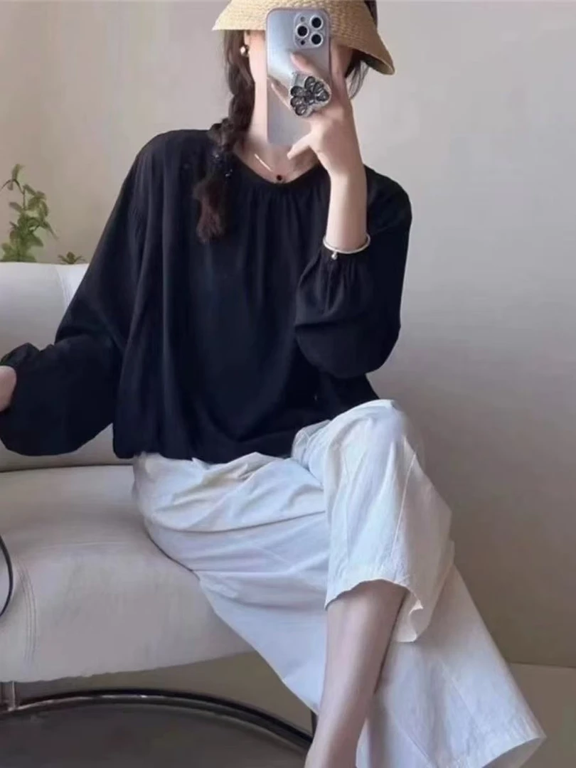 纯色设计感洋气别致短款圆领套头衬衣