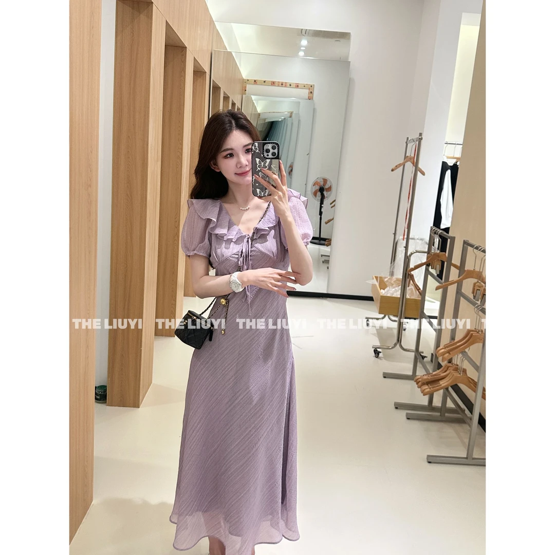 【LIUYI】迷人紫~夏季温柔风荷叶边V领显瘦连衣裙54176