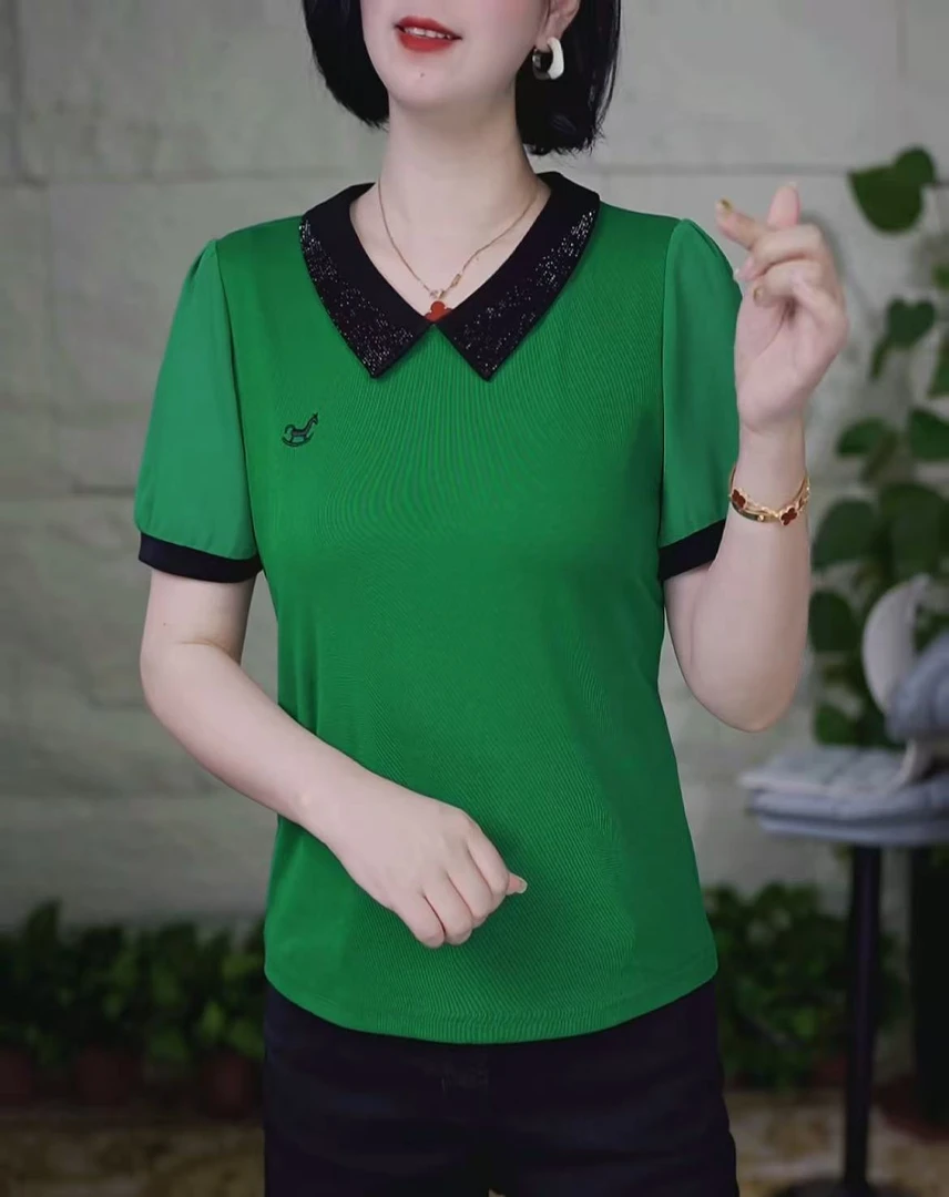 夏季时尚洋气新款简约娃娃领撞色百搭减龄刺绣显瘦气质短袖上衣