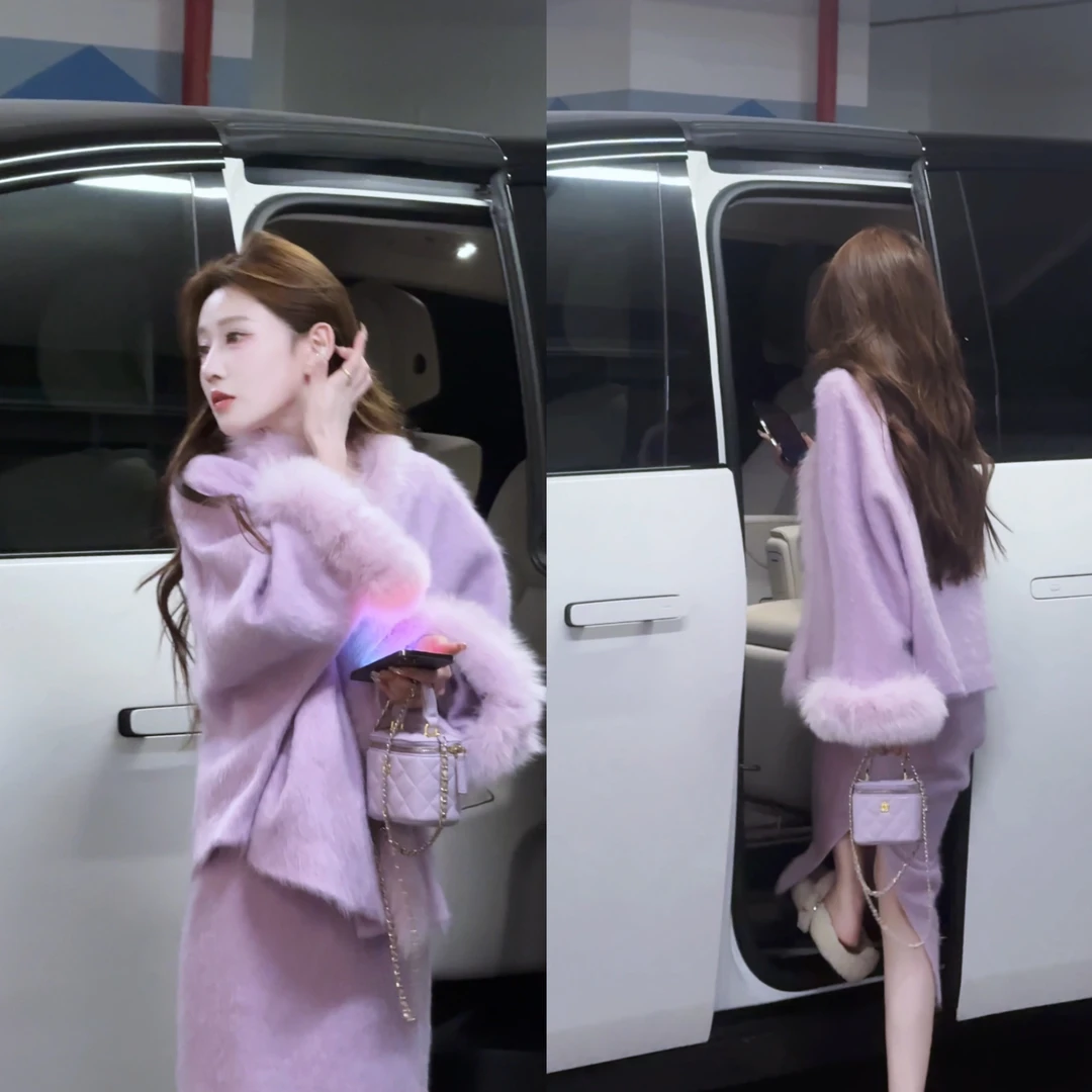 【婷婷】《摄人心魄紫色》慵懒贵气重工狐狸毛拉绒大衣套装25DK8010