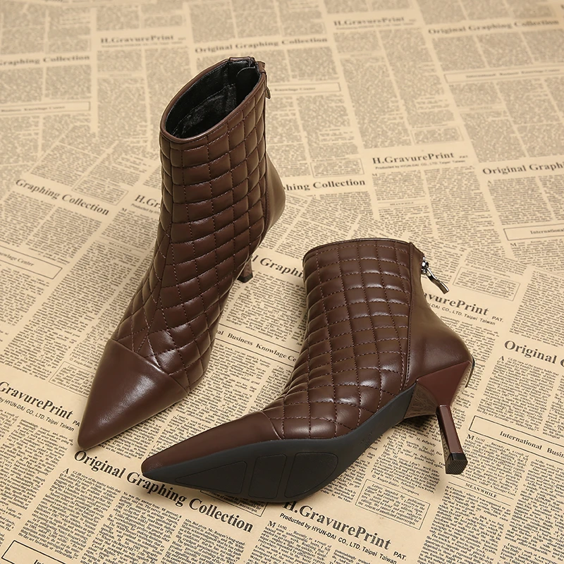 法式细跟短靴女2秋冬新款名媛气质真皮高跟马丁靴菱格设计感踝靴