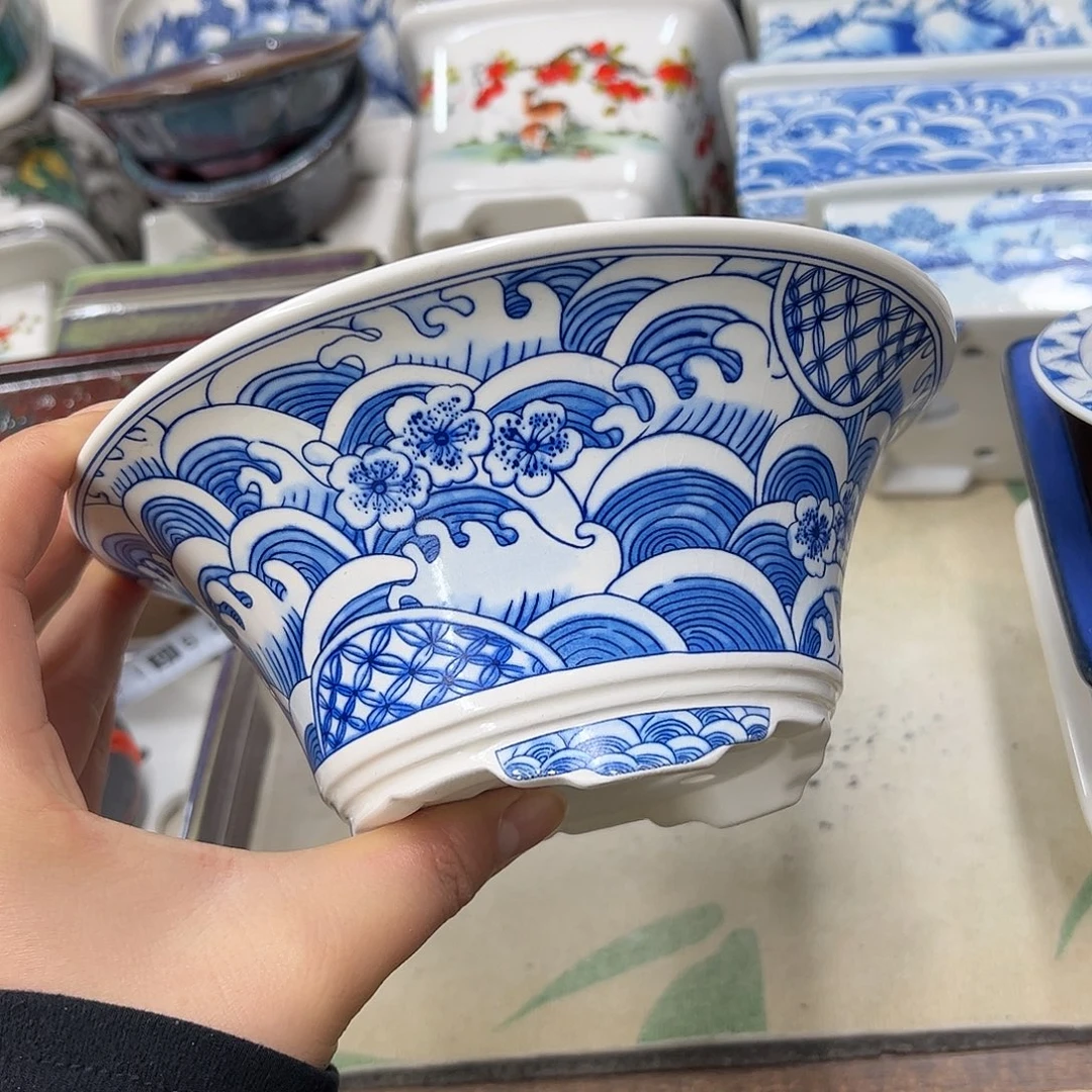 紫砂花盆396号瑕疵17/7cm仿手绘海浪花纹