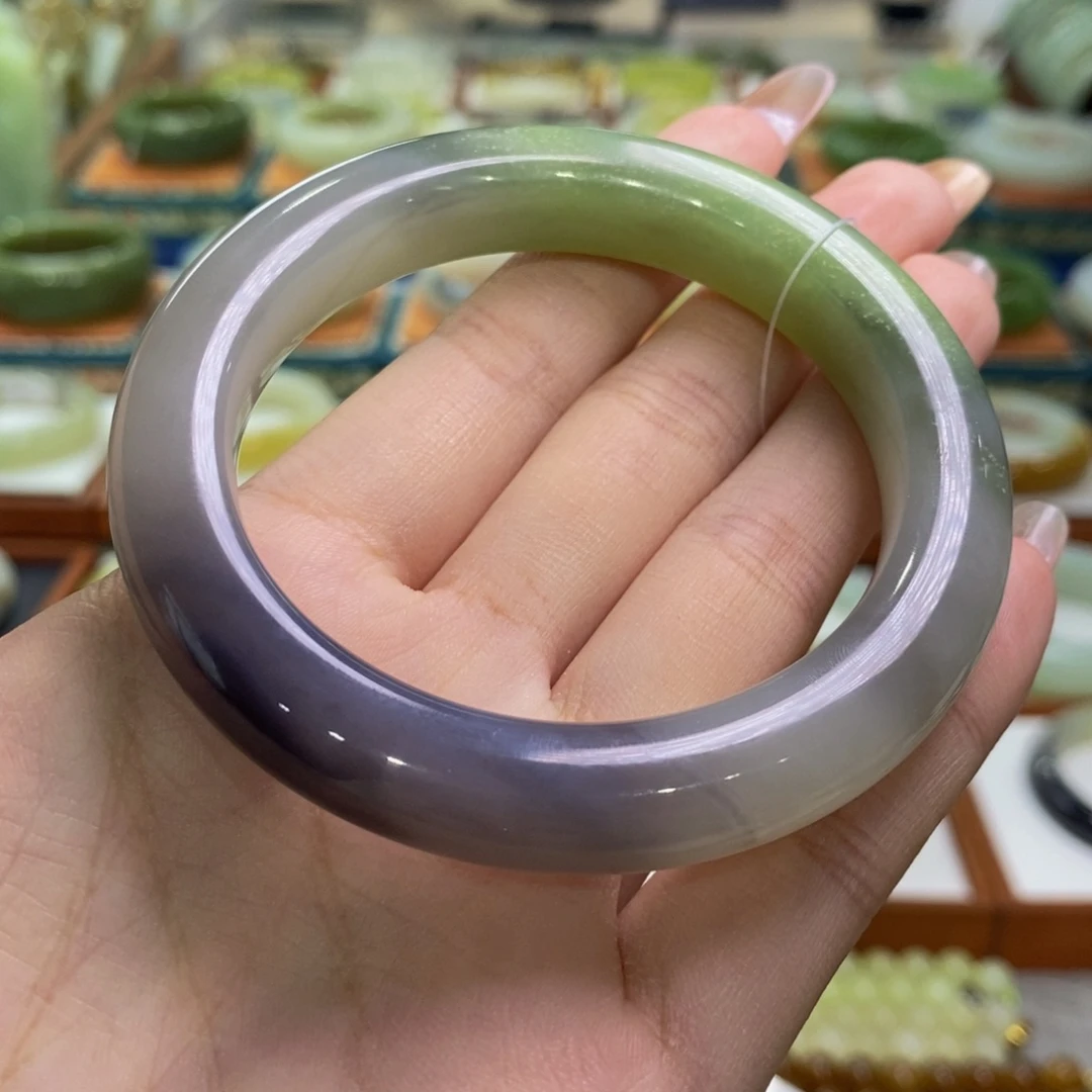 和田玉手镯未镶嵌青海烟紫带翠青55/56