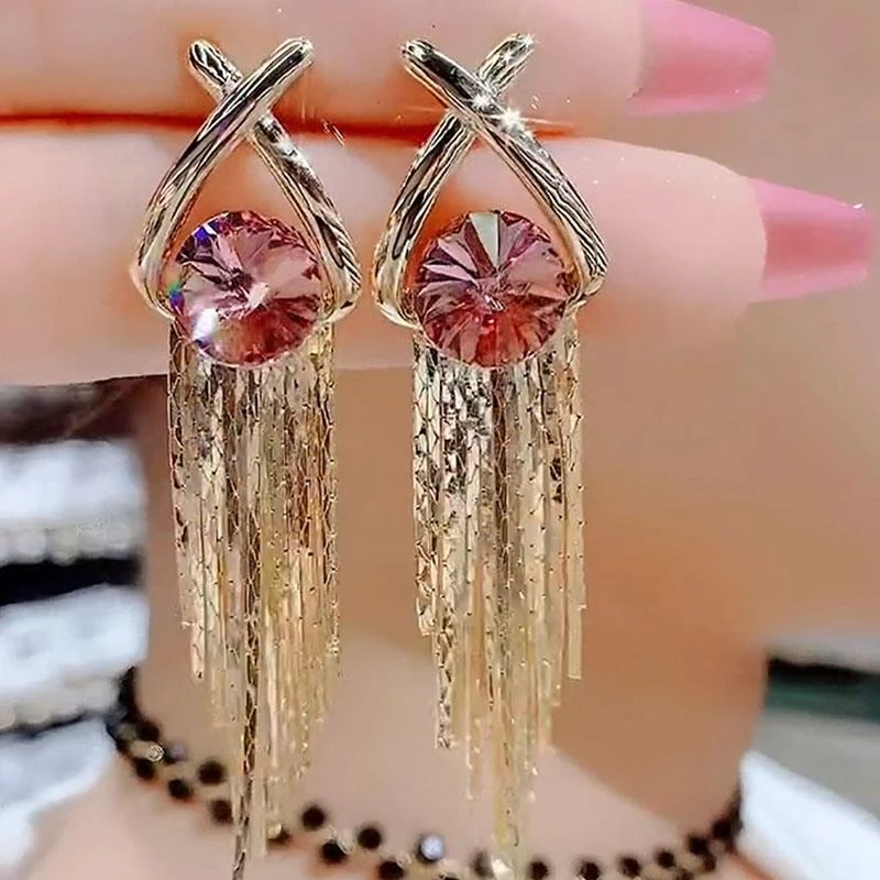 925银耳饰 防过敏精致年新款紫色锆石流苏耳环女波西米亚夸张耳饰