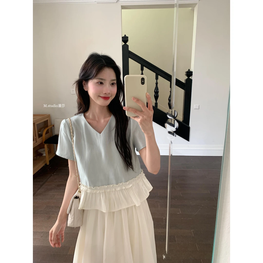 MSTUDIO漫莎 2025夏季下摆缎面花边拼接气质入骨珠光小衫女C5339