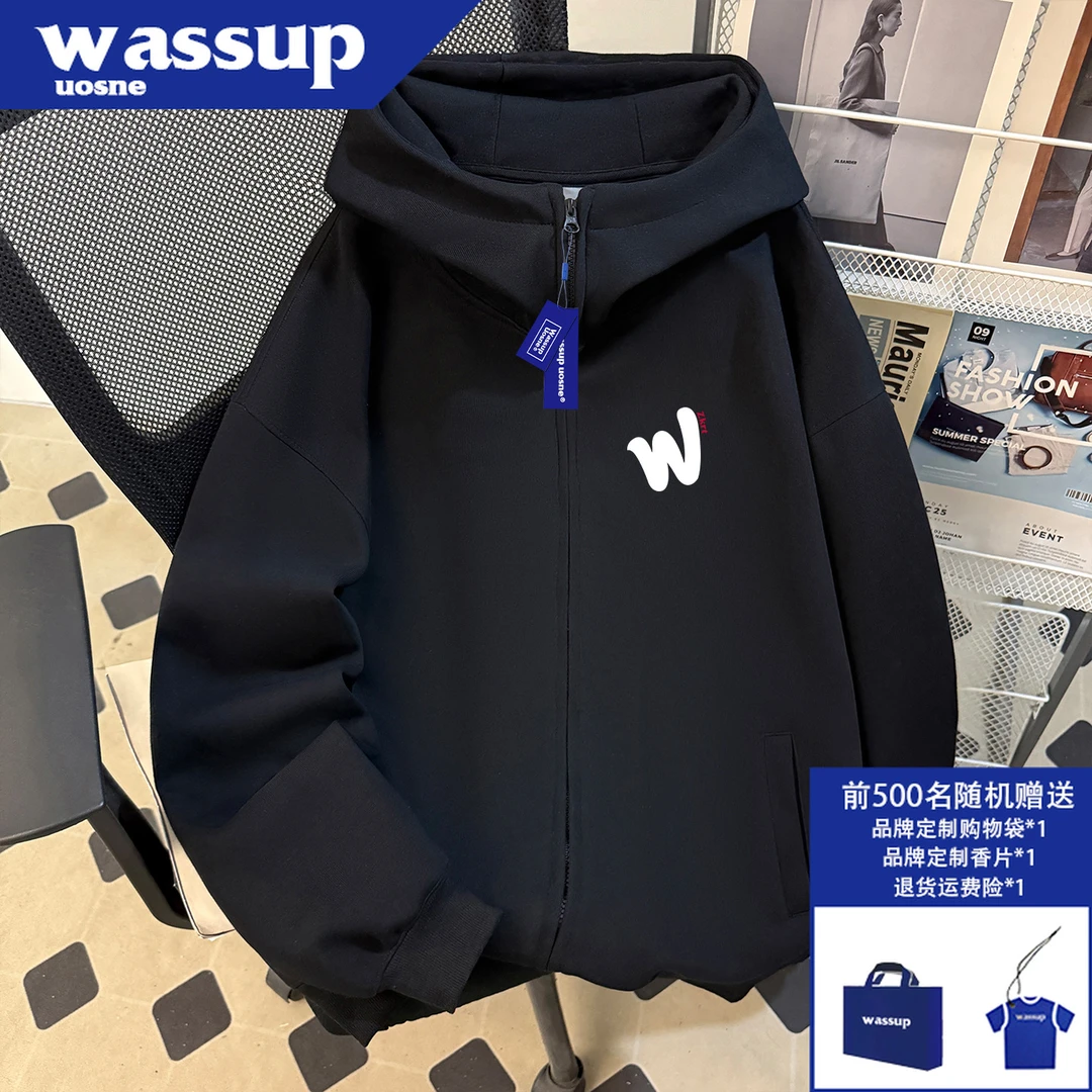 WASSUP UOSNE韩系高领连帽开衫男秋季vibe痞帅百搭慵懒风拉链外套