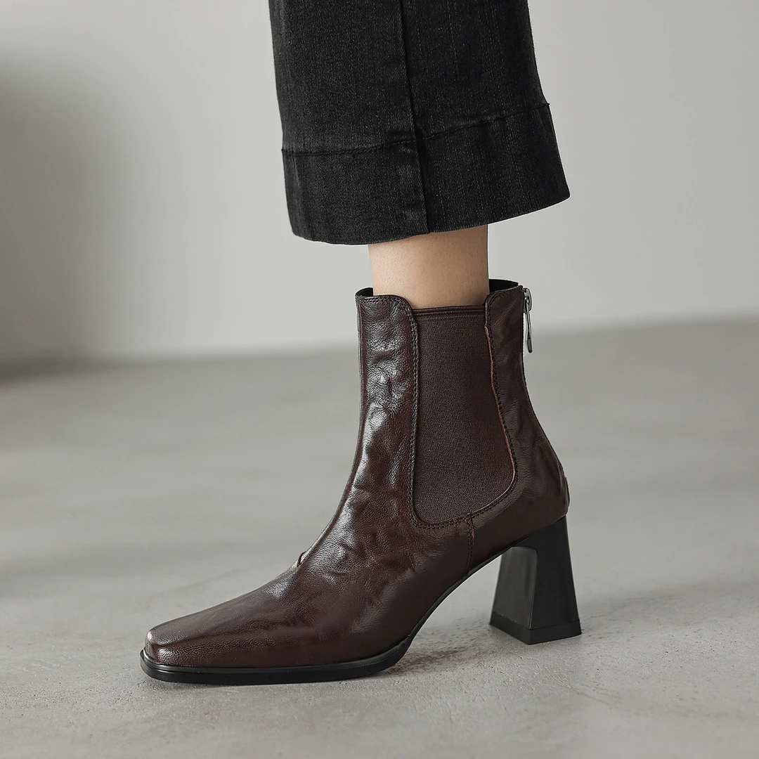 6.5cm英伦切尔西靴粗跟防水台瘦瘦靴女靴棕色复古风高跟短靴百搭