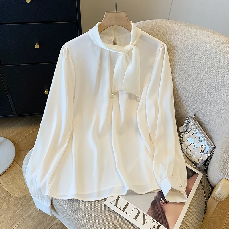 法式温柔蝴蝶结缎面衬衫女2025春秋通勤气质长袖衬衣垂感小衫上衣