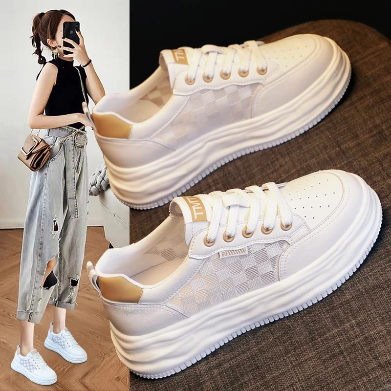 网红明星同款小白鞋女鞋2025夏季新款厚底内增高休闲网面透气板鞋