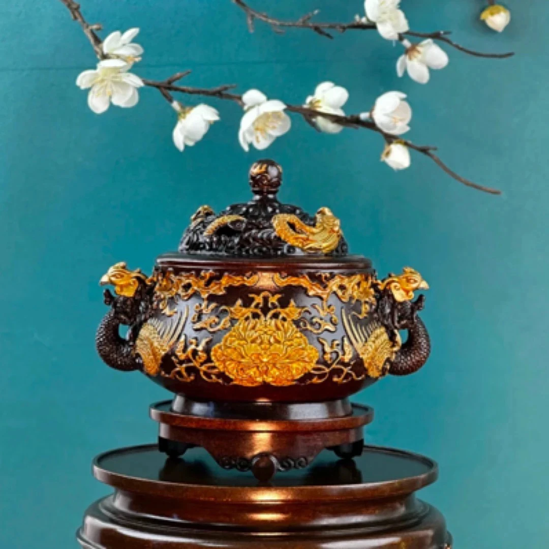 【高价链接】铜非遗传承章国明手工铜炉-凤穿牡丹香薰炉
