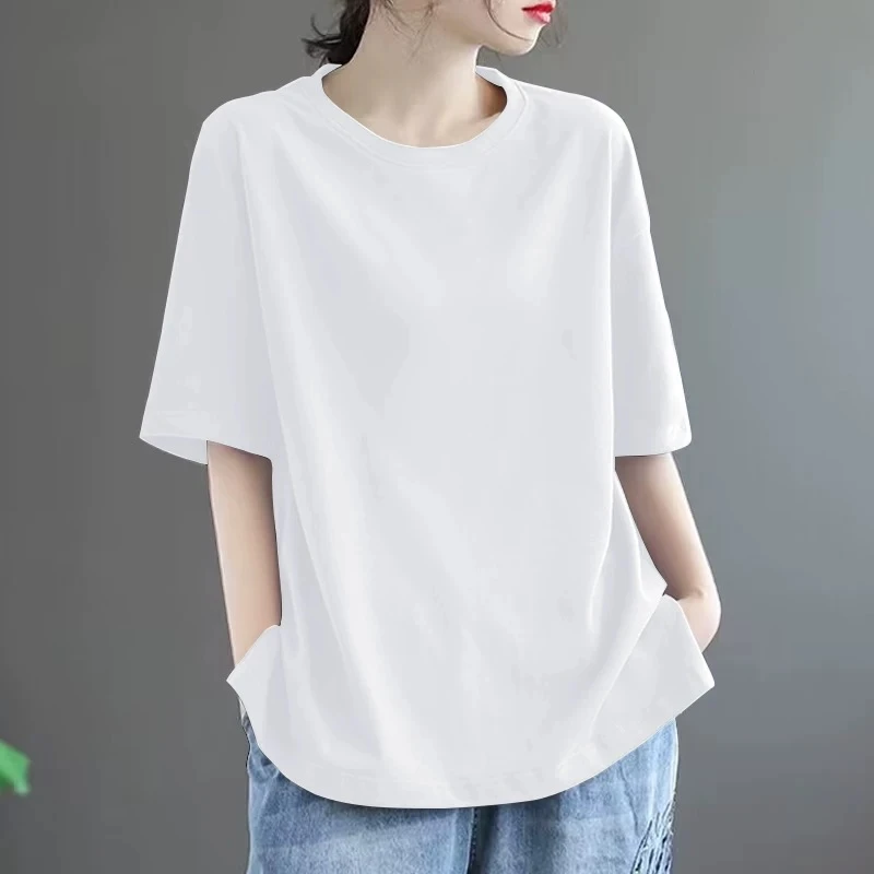 100%纯棉T恤男女纯色短袖重磅大码宽松全棉圆领落肩款上衣打底衫
