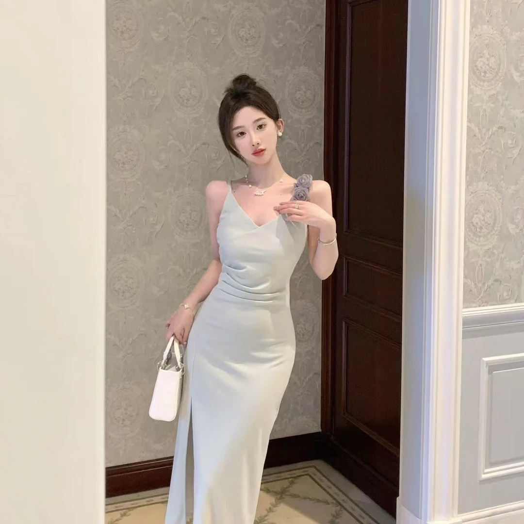 性感纯欲交叉v领吊带修身褶皱长款开衩连衣裙花朵收腰礼服裙