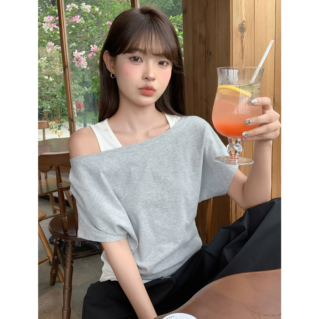 夏季收腰显瘦假两件斜肩T恤女百搭修身ins设计感拼色两穿上衣
