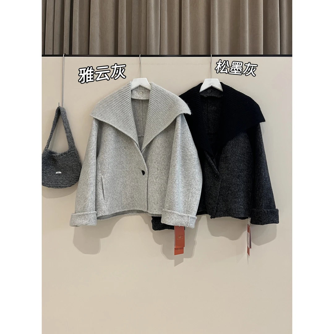 可拆卸针织领 短款双面羊毛外套6268