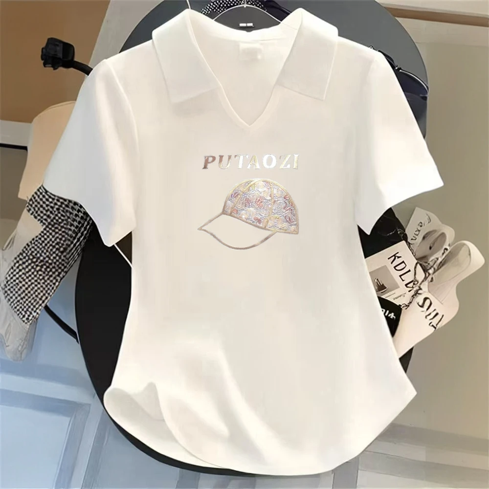 弧形下摆设计T恤2025夏季新款POLO领显瘦休闲短袖气质百搭上衣女