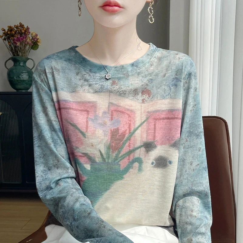 软糯顺滑可爱猫咪慵懒感印花上衣薄款长袖老钱风防晒衫显瘦打底