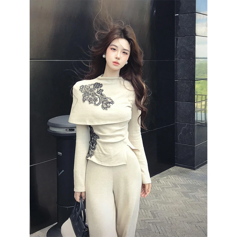 parkyeon新中式半高领长袖针织刺绣上衣女高腰阔腿休闲长裤套装