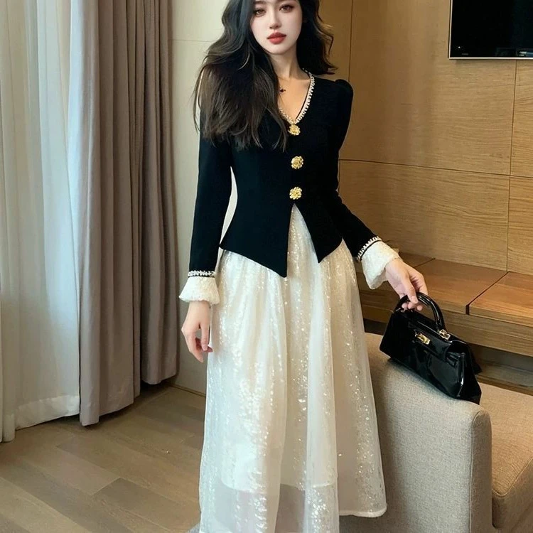 法式高级感洋气连衣裙女春秋韩版收腰显瘦假两件名媛千金风长裙子