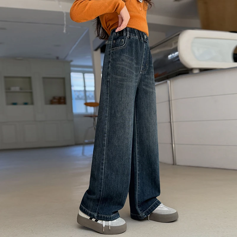 女童牛仔裤爆款2025秋季潮款太阳花阔腿裤6-15岁直筒裤牛仔裤B68