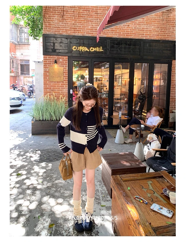 【航海日记】撞色毛织开衫秋季休闲短款针织外套女#8612