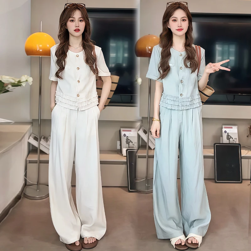 木耳边时尚短袖上衣阔腿裤套装女2025年夏季新款韩系百搭两件套潮