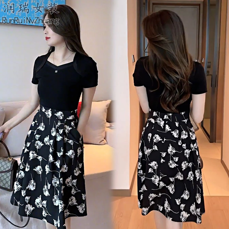 夏季碎花轻职风连衣裙2025新款小个子假两件拼接中长妈妈裙子通勤