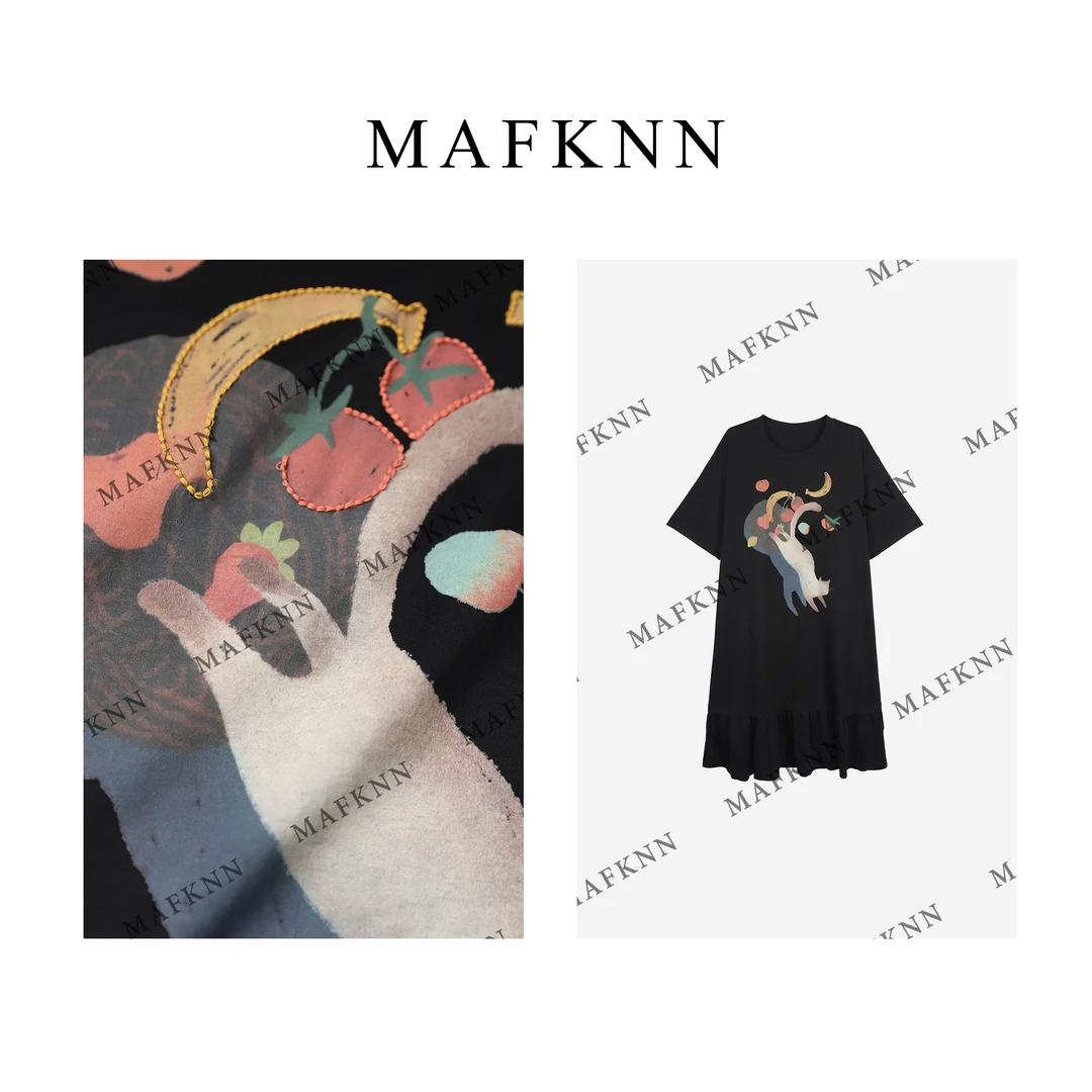 MAFKNN/玛肯时尚休闲简约纯色百搭圆领小猫夏季连衣裙MK12452